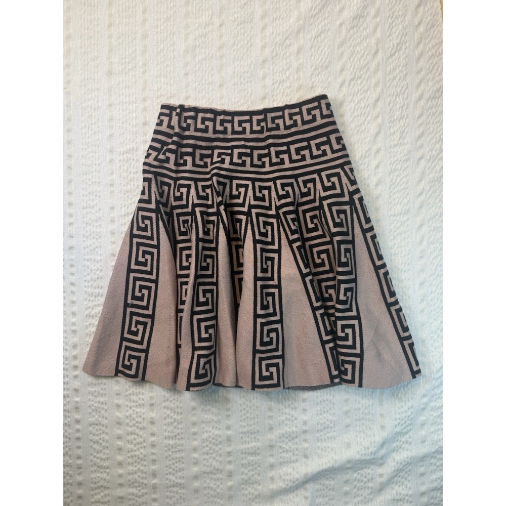 Black Tan Greek Key Skater Skirt Size Small Stretch Knit Flowy